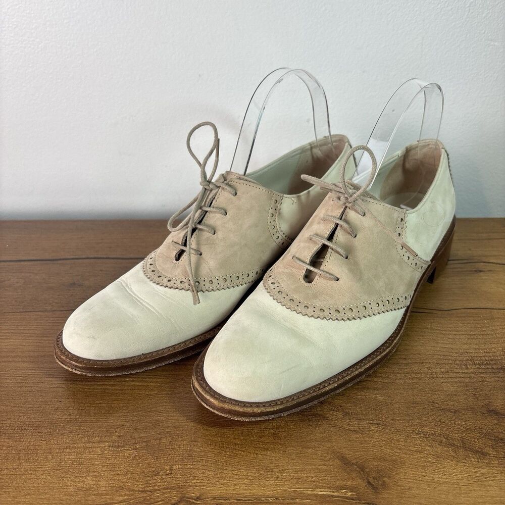 Joan & David Vintage Suede Oxfords Women's Size 9 M Beige Ivory Two-Tone Italy